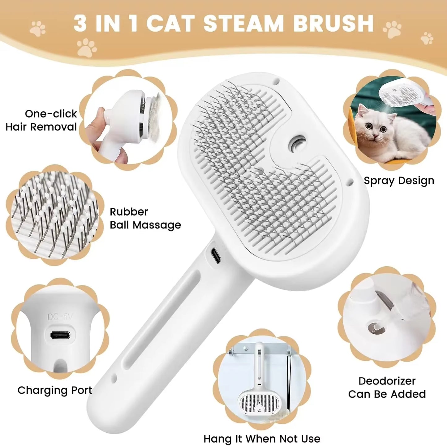 Cat Steam Brush Steamy Dog Brush 3 in 1 Electric Spray Cat Hair Brushes for Massage Pet Grooming Comb Hair Removal Combs